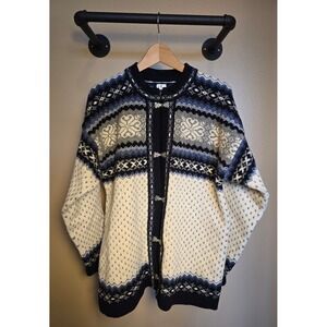 Norwegian /  Scandinavian / Fair Isle geometric Print 100%‎ Wool Cardigan Size L